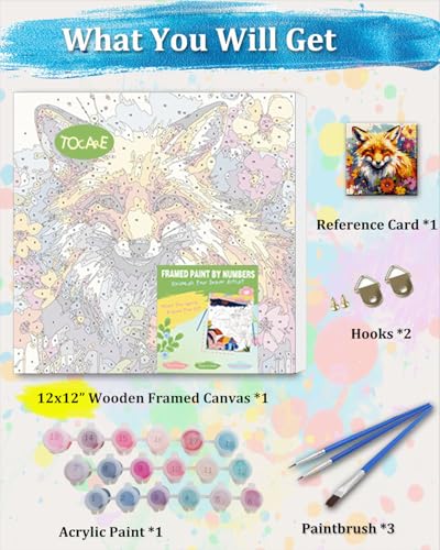 TOCARE Framed Paint by Numbers Kit for Adults & Kids Ages 8-12, 12x12Inch Red Fox Paint by Numbers with Frame, Fox Paint by Number Framed Canvas for Animal Lovers (Without Easel) - color: TC-F-371