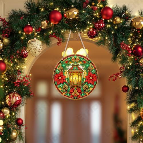 Eiflow Acrylic Diamond Art Hanging Kit for Adults Christmas Lantern, DIY Diamonds Painting Door Hanger Board Kit, Special Crystal Diamond Art Painting Pendant Ornament - color: Lantern