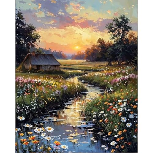 Paint by Numbers Kit for Adults, Sunset Cottage Number Painting Canvas Kit - color: Countryside-1