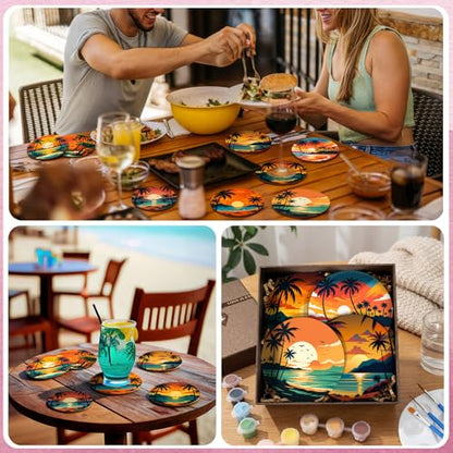 Reallnaive 8 Pcs Beach Paint by Numbers Kit for Adults Coastal Coasters | Mini Paint by Numbers, Tiny Palm Trees Sunset Round Oil Painting Drink Coaster with Holder, for Small DIY Craft Birthday Gift - style: Beach