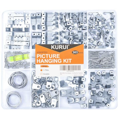 303Pcs Picture Hanging Kit, Picture Hangers Assorted Kit with Heavy Duty Wall Hooks, Sawtooth, Picture Wire, D Rings, Hardware Nails, Eye Hooks, Silver Heavy Duty Frame Hooks - size: Silver