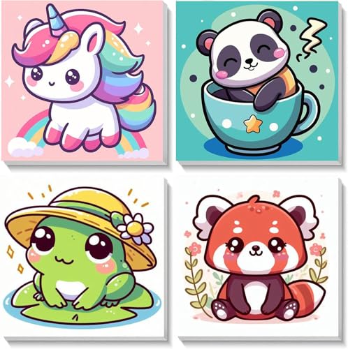 HOIYLDS Framed 4 Pack Paint by Number for Kids, Cute Animals Paint by Numbers for Kids Ages 8-12, Paint by Numbers Kits Children Beginner, DIY Acrylic Oil Painting for Home Wall Decor (8x8inch) - color: LD005