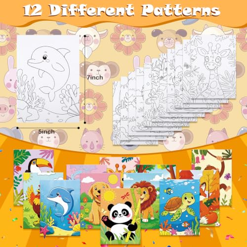 Anseal 12 Packs Pre Drawn Canvas to Paint, 5" X 7" Cute Animals Pre Printed Canvas for Painting, Pre Stretched Canvas Outline Painting Boards for Party Favor - style: Animals