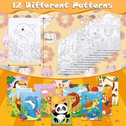 Anseal 12 Packs Pre Drawn Canvas to Paint, 5" X 7" Cute Animals Pre Printed Canvas for Painting, Pre Stretched Canvas Outline Painting Boards for Party Favor - style: Animals
