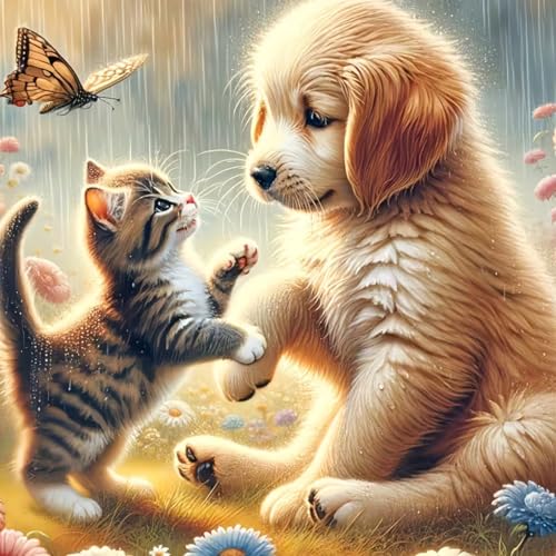 Puppy Diamond Art Kits for Adults, 5D Kitten Diamond Painting Kits for Adults, DIY Gem Painting, Crafts for Adults, Dimond Art Paintings Kit, Full Drill Diamond Dot for Home Wall Decor 12X12 Inch - color: The puppy and the kitten