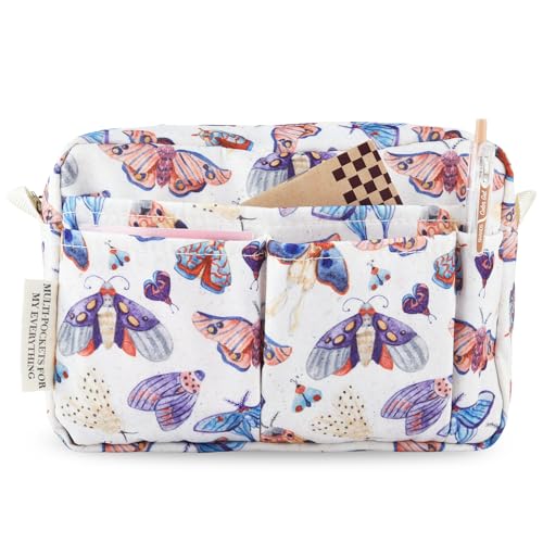 Multiple Pockets Portfolio Organizer with Zippered,Storage Pencil Pouch Bag - color: White Moth