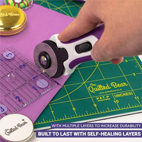 The Quilted Bear Quilter's Bundle - 12" x 12" Rotating Cutting Mat (Green), 6" x 12" Quilting Ruler & 45mm Rotary Cutter Bundle for Quilting & Crafting