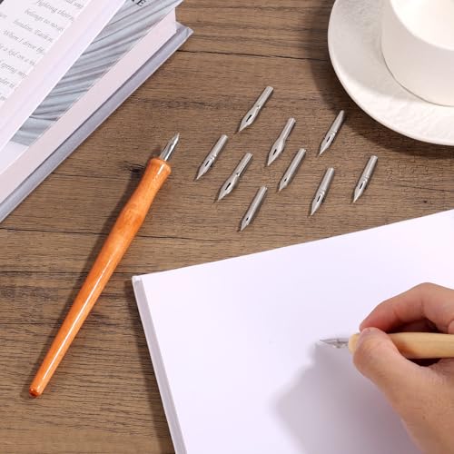 Comic Dip Pen Set, Includes 12 Stainless Steel Replacement Nibs & 2 Wooden Holders Dip Pen Nibs with 4 Styles for Drawing Writing Calligraphy Sketching Signing Painting - style: Style 2