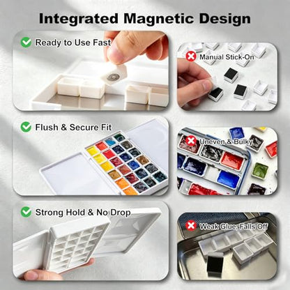 SEAMIART Travel Watercolor Palette Box with 24 Magnetic Half Pans & Lid - color: White, size: 4.9" x 2.9" x 1"