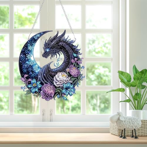 Bowetile Dragon Diamond Art Hanging Kits for Adults, 5D Special Shape Diamond Painting Flowers Pendant Kits, Gem Art Suncatchers Painting Window Ornament for Home Garden Wall Decor - color: Dragon