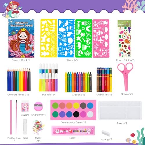 homicozy Art Supplies, Mermaid Drawing & Coloring Set with Crayons, Colored Pencils, Markers, Sketchbook, Watercolor Cakes, Stencils, Arts and Crafts Painting Kit for Kids Ages 4-10, Girls Boys Gift - color: Purple Mermaid