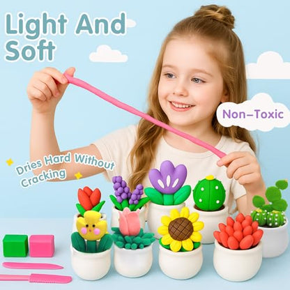 Air Dry Clay for Kids, 12 Plants DIY Modeling Clay Kit with Sculpting Tools | Ultra Light, Soft, Safe, STEM Tutorials, Back to School Classroom Supplies, Home Party, Birthday Gifts for Ages 3-12+ - color: Flower