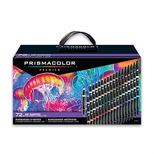 Prismacolor Premier Dual-Ended Art Markers, Chisel and Fine Tips, Assorted Colors, Set of 72 in Carry Case - Art Supplies, Alcohol-Based Ink, Adult Coloring - color: Jellyfish