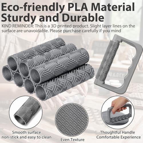 Leriton 9 Pcs Clay Texture Roller Set with Handle, 8-Pattern 3D-Printed Miniature Texture Rollers for Clay, Miniatures, Tabletop, Pottery (Geometric) - style: Geometric