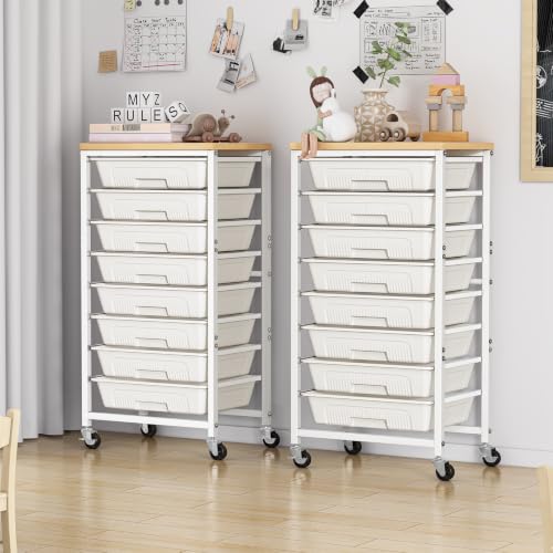 caktraie 8-Drawers Rolling Cart, Craft Storage Utility Cart, Beige White