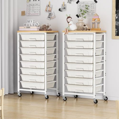 caktraie 8-Drawers Rolling Cart, Craft Storage Utility Cart, Beige White