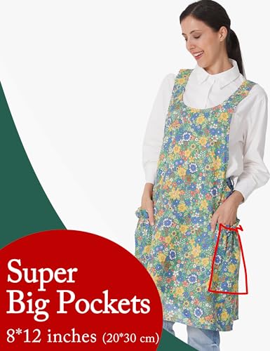 Cozy Adjustable Cross Back Aprons for Women with Pockets Cotton Linen Cooking Kitchen Baking - color: Colorful Floral