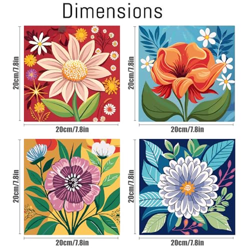 Canrichshop 4 Pack Framed Paint by Numbers Kit for Adults Beginner & All Ages 8-12 and More,Flowers Painting by Numbers, DIY Number Painting for Adults for Decor Present 8X 8 inch - color: BKH1721+BKH1722+BKH1723+BKH1724