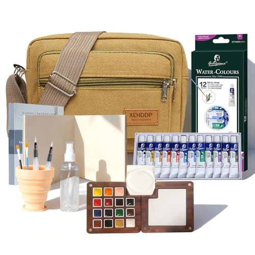 Portable Watercolor Travel Set,15-Grid Wooden Palette Kit with Bag,12 Colors,4 Brushes,Cleaning Cup,2 Sketchbooks & Magnetic Clip,Painting Kit for Beginners,Artists & Outdoor Sketching