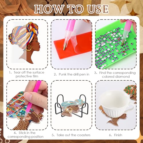 African American Diamond Painting Coasters - 8 PCS Diamond Art Coasters Kits for Drinks Coffee DIY Art Craft Supplies Birthday Holiday for Adult Beginners Black Women Lady - color: African American