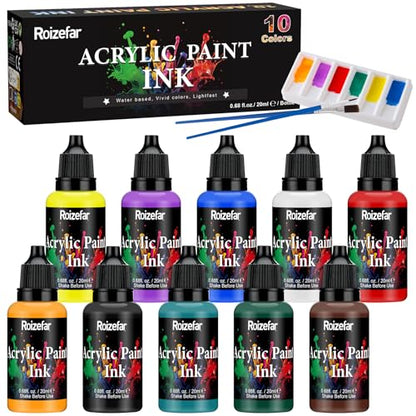 Roizefar Acrylic Paint Ink Set, 10 Colors Liquid Acrylic Paint for DIY | 2 Brushes & 1 Palette, Drawing Ink Set, Artists Inks, Ideal for Pouring Art, Mixed Media Projects (20 ml/0.68 fl oz)