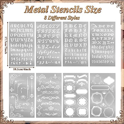 Lewtemi 8 Pcs Metal Stencils Alphabet Frames for Journal,Stylish Style | Stainless Steel Reusable Templates with Numbers Borders, For Scrapbooking Painting Wood Engraving Carving DIY Crafts - style: Stylish Style