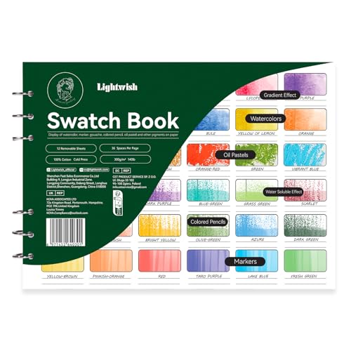 LIGHTWISH Watercolor Swatch Book - 12 Detachable 100% Cotton Sheets 36 Spaces,10.63 * 7.68 in,300gsm/140lb Cold Press for Watercolor, Gouache, Oil Pastels - Spiral-Bound Color Testing Journal - color: Green, size: 10.63*7.68 In