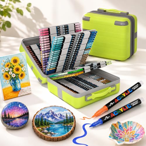 408 Acrylic Paint Markers with Storage Box, Soft Brush Tip Acrylic Paint Pens + 20 Refills, No Bleed Quick-Dry Waterproof Acrylic Markers Set for Rock Painting, Canvas, Wood, Glass, Crafts - color: 408 colors