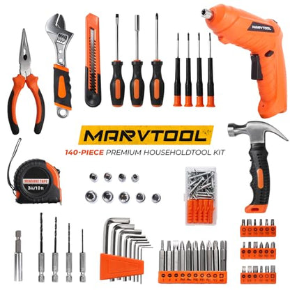 140 Piece Basic Tool Set, Portable Tool Box with Cordless Drill, Home Repair Hand Tool Kit, General Household Drill Set, Toolbox with Storage Case for Homeowner, DIY, Handyman, Women, Men