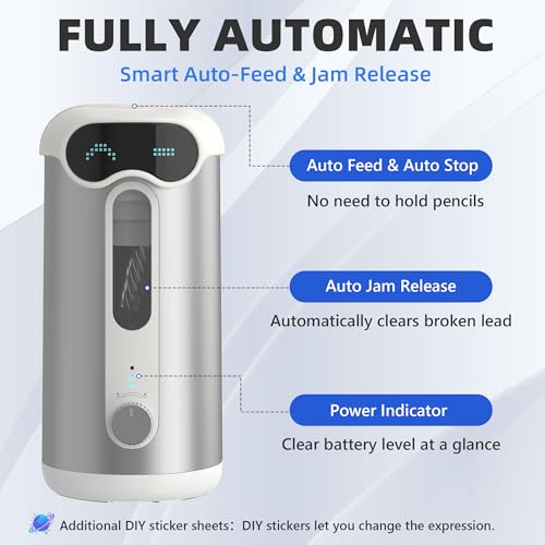 VUSIGN Automatic Pencil Sharpener, Quiet 60dB Robot Pencil Sharpener with DIY Face Stickers, Rechargeable, Auto Stop for 6.9–10.8mm No.2/Colored Pencils, Kids Classroom/Home Use (Silver)