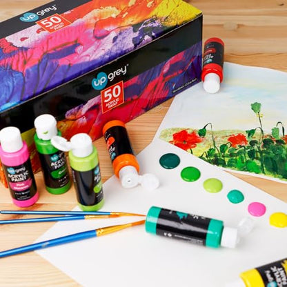 UPGREY 50 Colors Acrylic Paint Set, Non Toxic Art Paints (2fl Oz/60ml Each) With 5 Craft Paint Brushes, Metallic Acrylic Paints Kids Adults for Canvas Crafts Stone Wood Ceramic And Model Painting | 50 Vibrant Acrylic Colors,60mL Bottles,5 Brushes Included