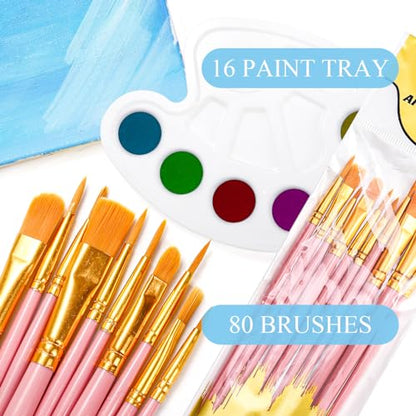 Cedilis 96 Pcs Painting Brush Palette Set, 80 Paint Brushes and 16 Paint Palette Tray for Oil, Watercolor, Acrylic Painting, Kids, Students, Nylon Brush Head