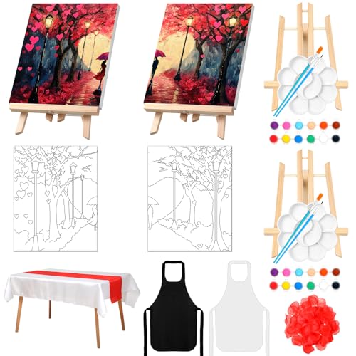 Zhanmai 2 Pack Sip and Paint Kit for Couples Date Night | 8 x 10 Inch, Pre Drawn Canvas Heart Road, Paint Party Supplies, Romantic Adult Activity, Includes Easels Aprons Brushes Set - size: 8 x 10 Inch, style: Romantic Road