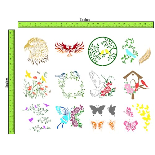 CrafTreat Reusable Tropical Leaf Stencil Set for Painting on Wood, Wall, Furniture, Canvas, Paper & Fabric – 36 Piece Leaf DIY Craft Paint Stencils 3x3 Inches - size: 12 Pcs - 6"X6", style: Butterfly and Bird Flower