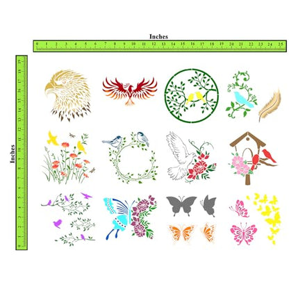 CrafTreat Reusable Tropical Leaf Stencil Set for Painting on Wood, Wall, Furniture, Canvas, Paper & Fabric – 36 Piece Leaf DIY Craft Paint Stencils 3x3 Inches - size: 12 Pcs - 6"X6", style: Butterfly and Bird Flower