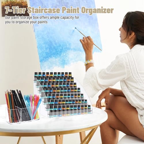 7-Tier Acrylic Paint Organizer, 3-Slot Pen Holder Art Supply Storage Rack