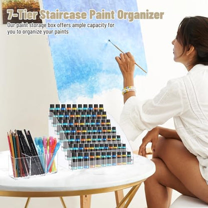 7-Tier Acrylic Paint Organizer, 3-Slot Pen Holder Art Supply Storage Rack