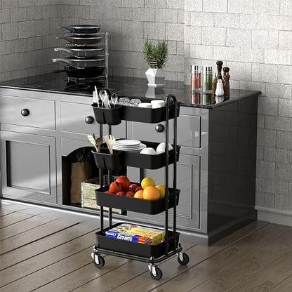 Simple Houseware 4-Tier Rolling Utility Cart with Hanging Bucket, Black - color: Black, size: 4-Tier