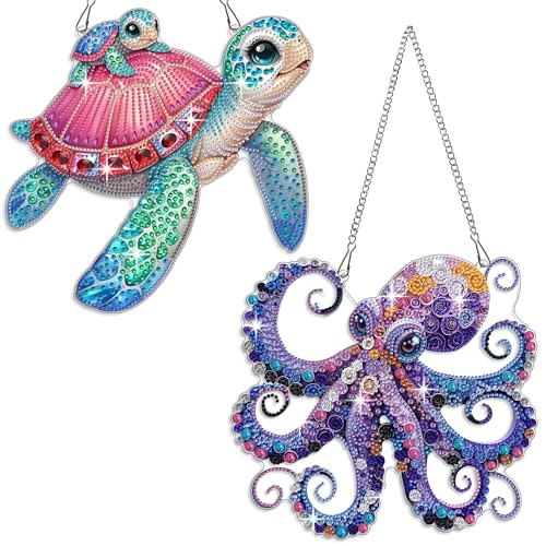Muzagroo Art Diamond Art Kits for Adults, 5D Diamond Painting Kits for Beginners, DIY Special Shaped Diamonds Art Hanging Ornament for Windows 2 PCS Animals Diamond Pendant (Octopus) - color: Octopus