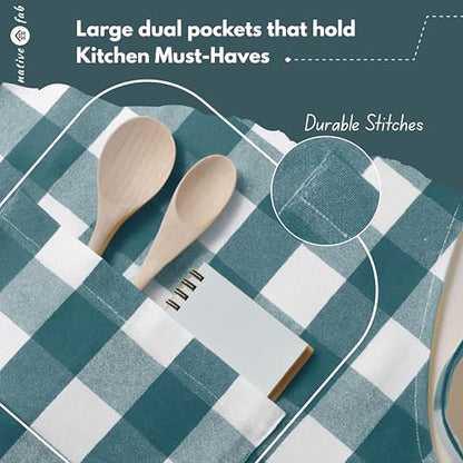 Native Fab Kitchen Apron 2 Pack - 100% Cotton Adjustable, Durable Apron with Pockets, Perfect for Cooking, Baking, Grilling - color: Buffalo, Teal Green