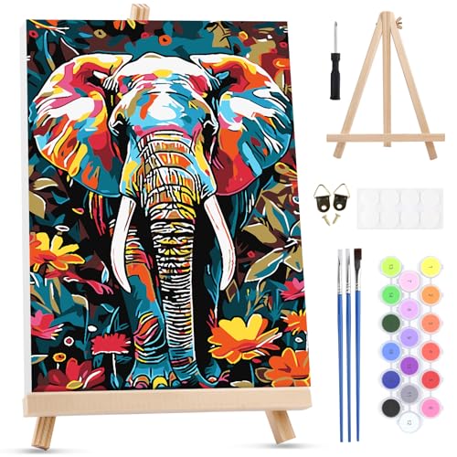 MXJSUA Colorful Floral Elephant Paint by Numbers Kit with Frame for Adults, Animal Easy Beginners Paint by Number on Canvas with Easel, Acrylic Number Painting Craft Gifts for Home Decor, 8x12 inch - color: Colorful Floral Elephant