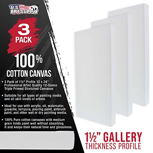 U.S. Art Supply 12"x24" Stretched Canvas for Painting, Gallery Depth 3-Pack - size: 12" x 24"