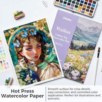 Ohuhu Cotton-Top Watercolor Paper Pad 9"x12" Hot Press Paper 30 Sheets