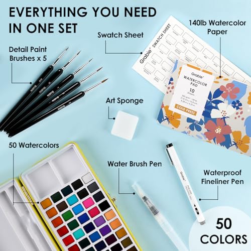 Grabie Set of 50 Color Watercolor Paint Set with Brush Pens - color: 50 Colors（New）