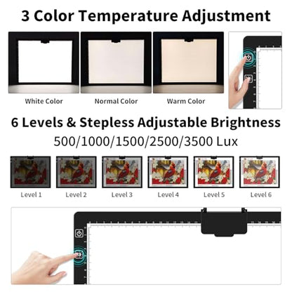 HIUKCOLED Rechargeable A3 Light Pad, Battery Powered Light Board with Foldable Stand, top Clip, 3 Colors/Stepless/6-level Brightness, Wireless LED Tracing Box for Diamond Painting,Drawing,Sketching - style: A3 Stand