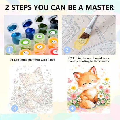 Fox Paint by Numbers Kit for Kids with Frame Wooden Easel, 8x8 inch - color: style-16