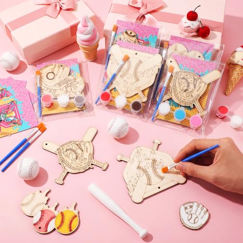 Saypacck 24 Pcs Ice Cream Drip Baseball Party Favors Wooden Paint Craft Kit | Birthday Party Supplies with Paint Brushes, Wooden Craft for Goodie Bag Fillers, Thank You Gifts with Organza Bags - style: Ice Cream Drip Baseball
