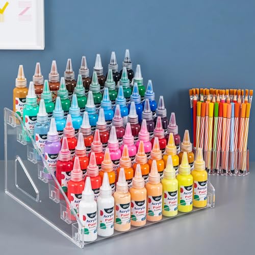 Acrylic Paint Organizer with Paint Brush Holder, Nail Polish Organizer, 7 Tiers Miniature Storage Bottle Rack for 2oz Tube, Alcohol Inks, Food Coloring, Essential Oil Storage Shelf