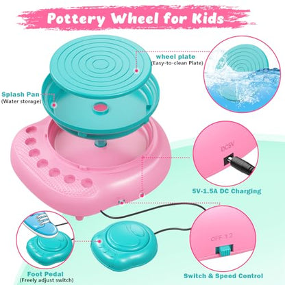Pottery Wheel for Kids with Air Dry Clay Kit, 12 Paints & Tools, Ages 6-12 | No kiln needed: shape on the electric wheel, air-dry & paint. Gentle beginner speed; kit adds 3 clay packs, tools & apron - color: pink/cyan