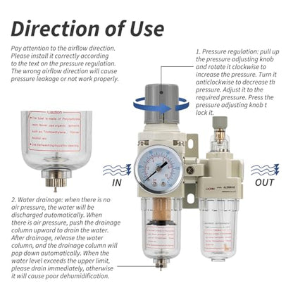 Air Pressure Regulator with Pressure Gauge(0-150PSI),Water Separator for Air Compressor Semi-Auto Drain 1/4 NPT Threaded Interface - size: 1/4 NPT, style: Semi-Auto Drain